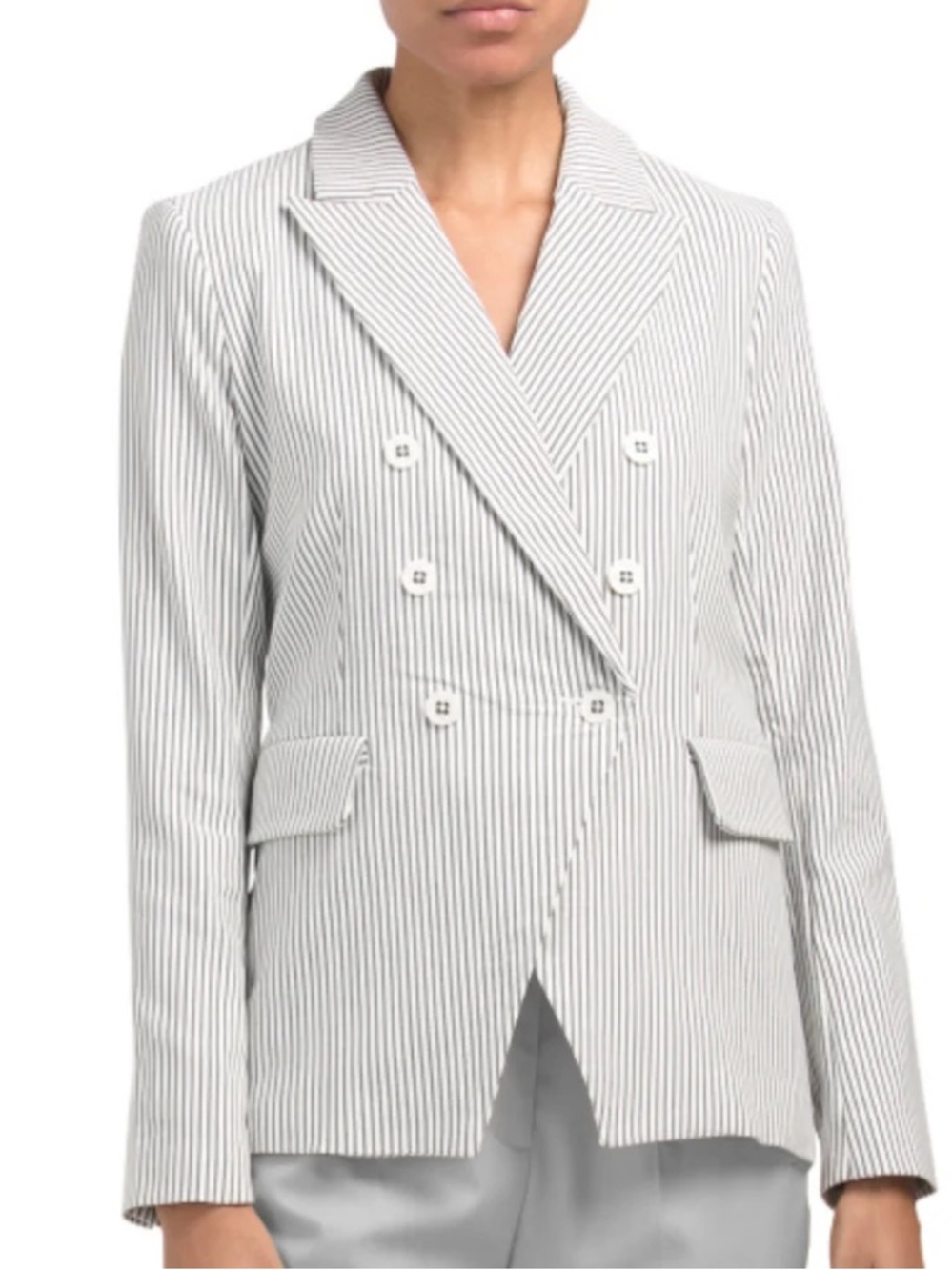 Carolina Belle Striped Classic Fit Double Breasted Blazer in White & Black like